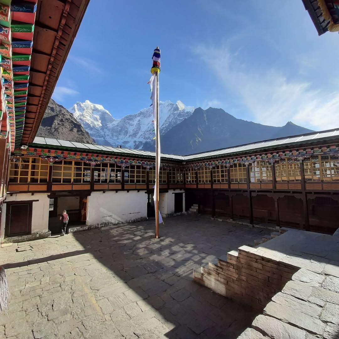 The colorful Tengboche Monastery with the peak of Ama Dablam in the background.